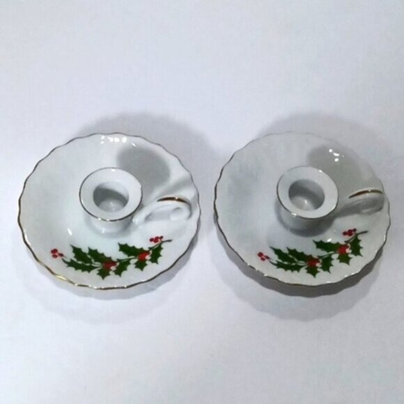 Vintage Macys Christmas Holly Berry Candle Holders Made in Japan 1984 Gift Box - Picture 4 of 7